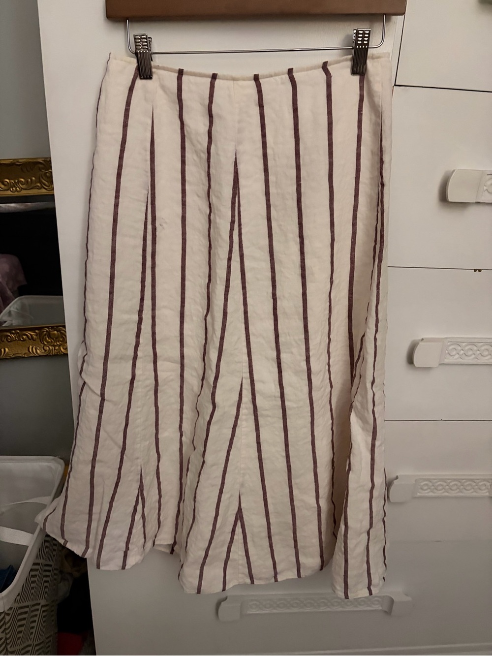 Theory Cream Midi Skirt with Burgundy Vertical Stripes